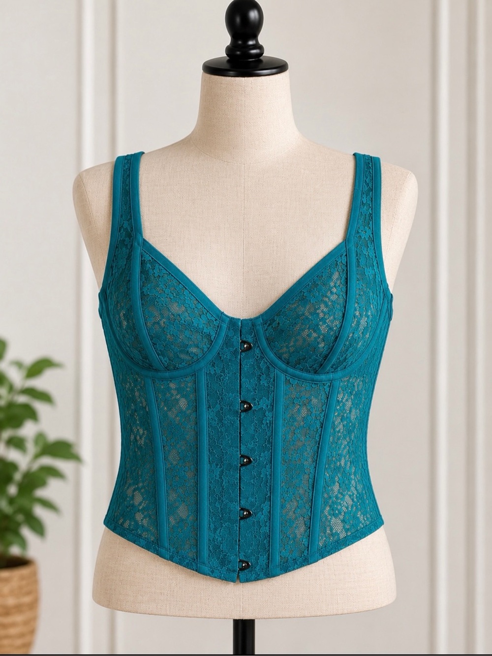 Urban Outfitters Teal Lace Bustier with Front Metal Buttons